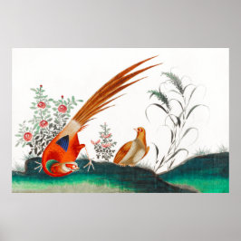 Gamla kinesmålning av två fåglar bland blommor poster