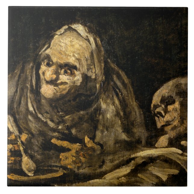 Gamla kvinnor med Skeleton (Död) (Francisco Goya) Kakelplatta (Framsidan)