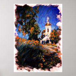 Gamla kyrkan i Slotino Village, Moskva, Ryssland Poster