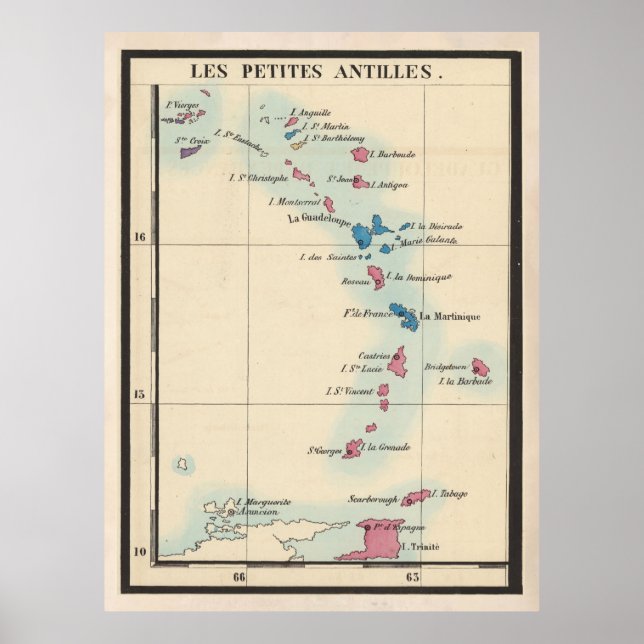 Gamla Lesser Antilles Karta (1844) Vintage Västind Poster (Framsidan)