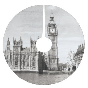 Gamla London, svarta och vita.. Julgransmatta Borstad Polyester