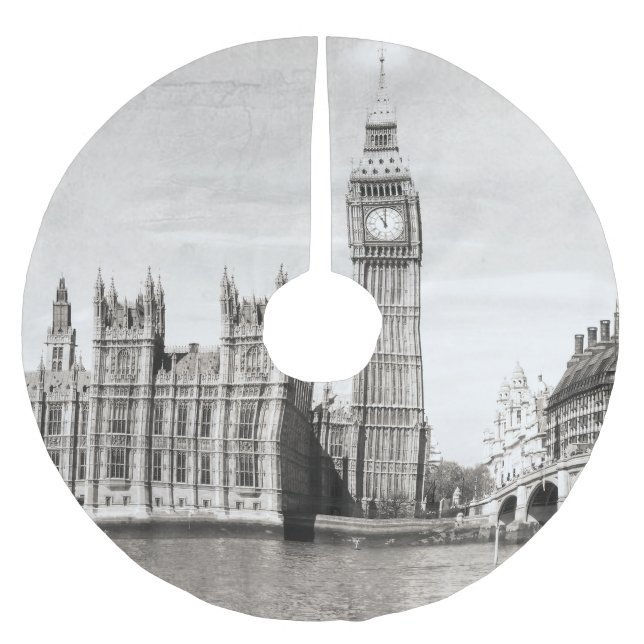 Gamla London, svarta och vita.. Julgransmatta Borstad Polyester (Framsidan)