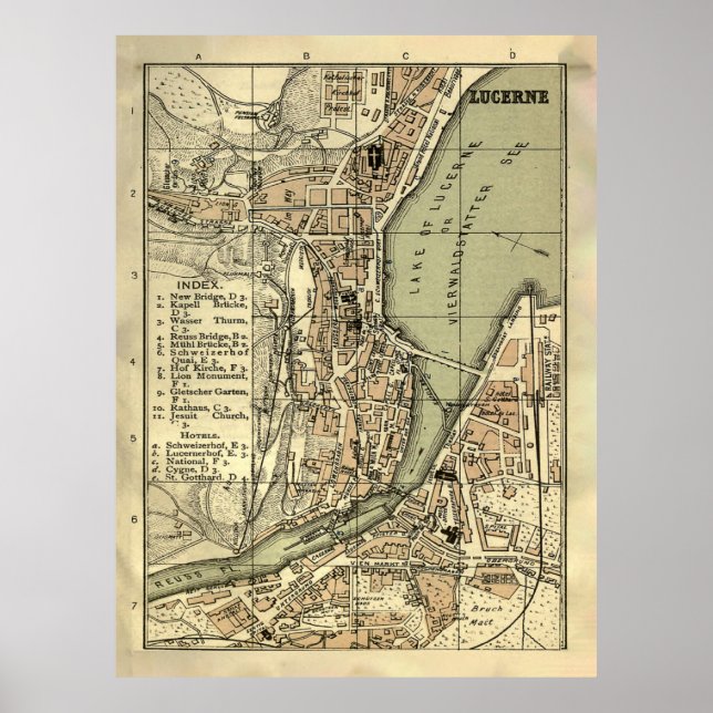 Gamla Lucerne Schweiz Karta (1887) Poster (Framsidan)