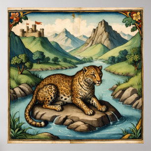 Gamla medeltida leoparder i naturskyddskonst poster
