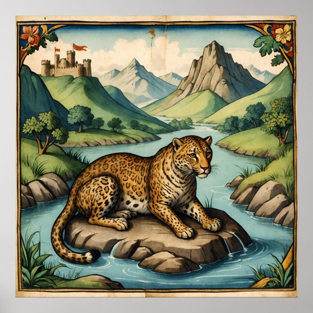 Gamla medeltida leoparder i naturskyddskonst poster (Framsidan)