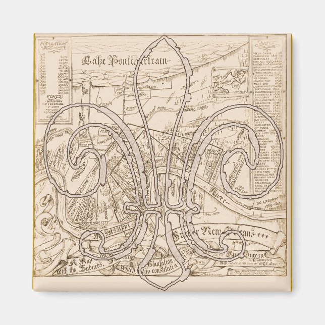 Gamla New Orleans Karta med Fleur Magnet (Framsidan)