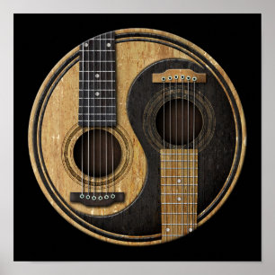 Gamla och besökta akustiska Guitars Yin Yang Poster