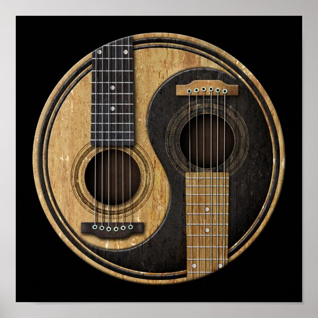 Gamla och besökta akustiska Guitars Yin Yang Poster (Framsidan)