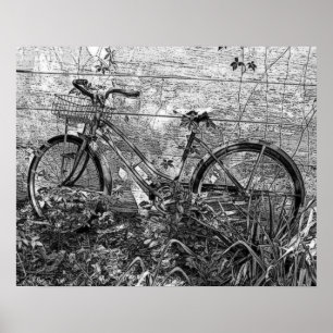 Gamla övergivna Bike Teckning, Black and White Poster