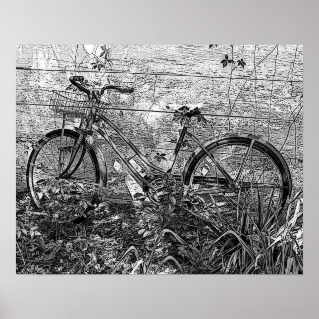 Gamla övergivna Bike Teckning, Black and White Poster (Framsidan)