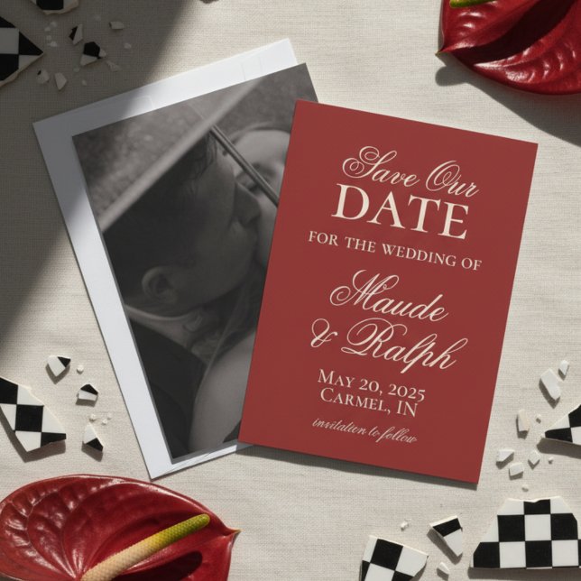 Gamla pengar, fetstilt Red Photo Bröllop spara dat Datumet (Luxury Classic Red Wedding Suite Theme with options to personalize for your special day!)