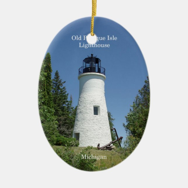 Gamla Presque Isle fyr oval fyr Julgransprydnad Keramik (Framsidan)