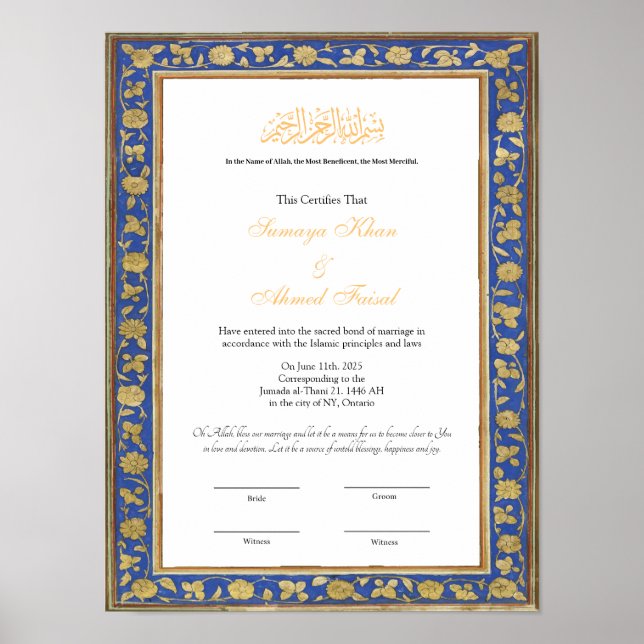 Gamla ram Muslim nikkah-certifikat poster (Framsidan)