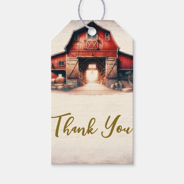 Gamla Red Barn Rustic-Landsbyggsbröllopet Presentetikett (Framsidan)