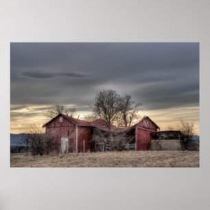 Gamla Red Barn Winter Träd HDR-fotografi Poster