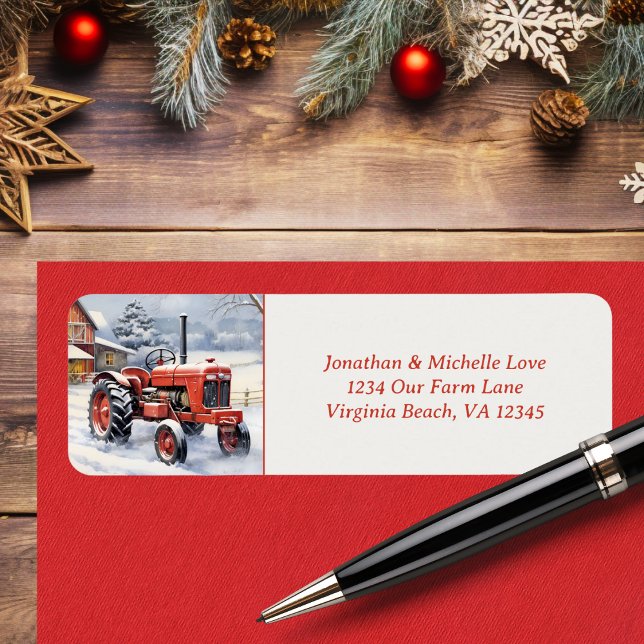 Gamla röda traktor Snowy Winter Farm Adress Returadress Etikett (Old Red Tractor Snowy Winter Farm Address Label)