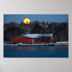Gamla rödträstrummet med fullt måne poster