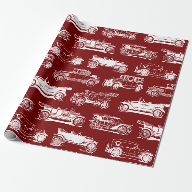 Gamla rödvita Vintage bil Mönster Presentpapper (Utrullad)