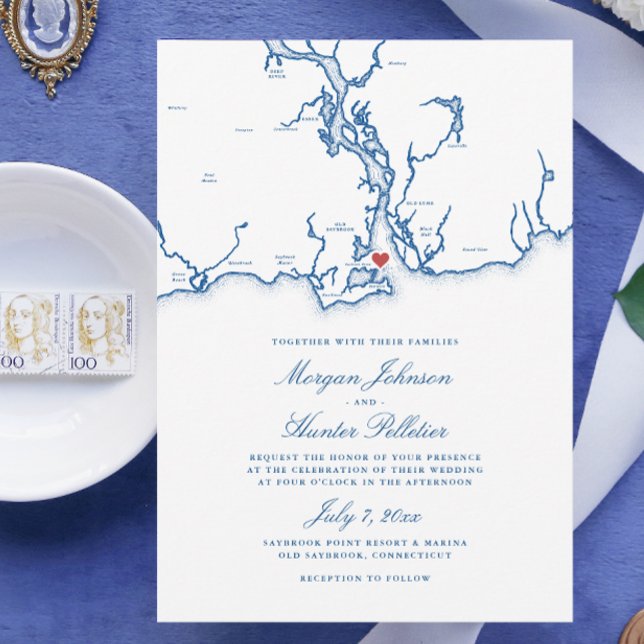 Gamla Saybrook CT Karta Elegant Navy Blue Bröllop Inbjudningar (Old Saybrook Connecticut Map Wedding Invitation in elegant navy blue from Coastal Map Designs)