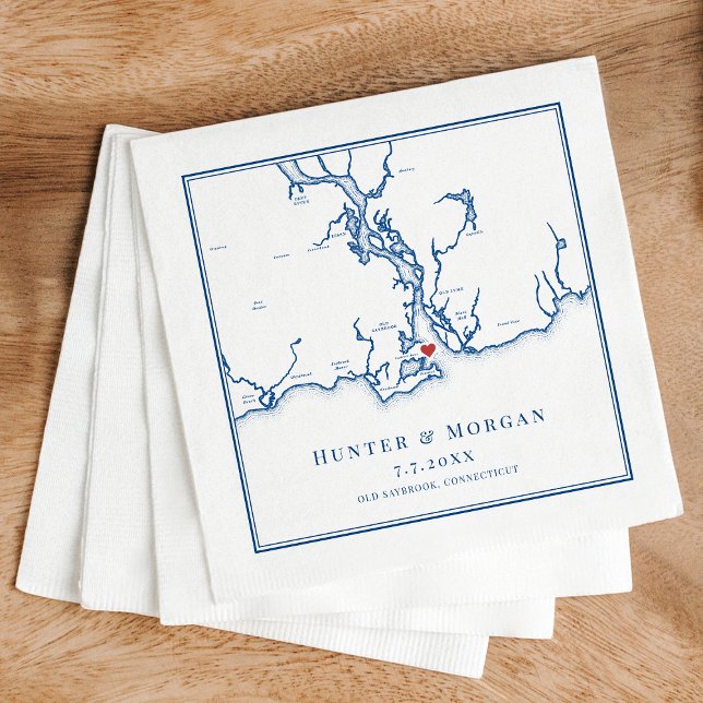 Gamla Saybrook CT Karta Elegant Navy Blue Bröllop Pappersservett (Saybrook Point CT Wedding Map Napkins in elegant navy blue from Coastal Map Designs)