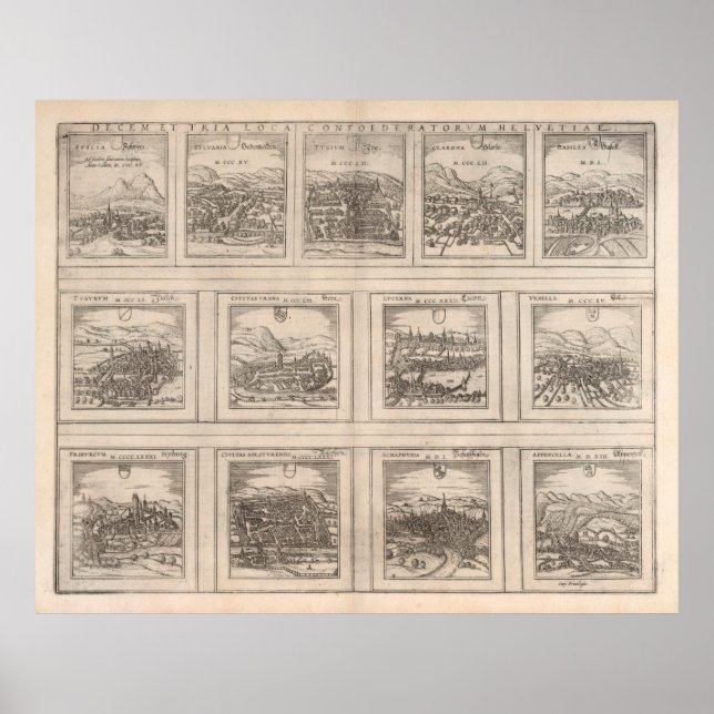 Gamla Schweiz-städer Karta (1575) Poster (Framsidan)
