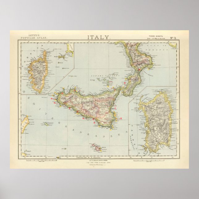 Gamla Sicilien Italien Karta (1883) Poster (Framsidan)