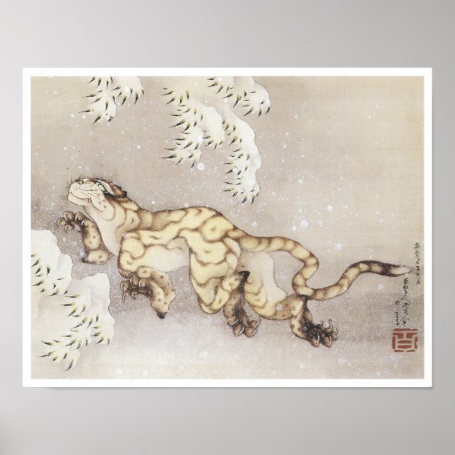 Gamla tigern i Snö, Hokusai, 1849 Poster (Framsidan)