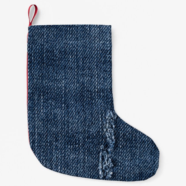 Gamla torn denim: jeans struktur. liten julstrumpa (Framsidan)