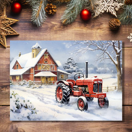 Gamla traktorn och Barn Snowy Winter Farm-julen Helgkort