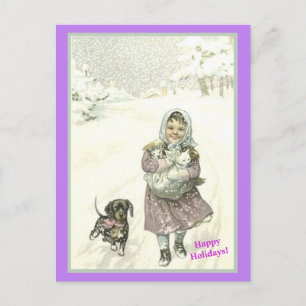Gamla tyska Cute Little Girl, Dachshund, Cats, Snö Vykort