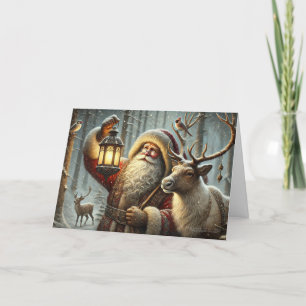 Gamla Världen Tomte Lykta Alv Ren Fåglar Snö Helgkort