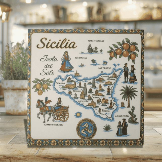 Gamla världskarta över Sicilien Kakelplatta (Traditional Old World Map of Sicily Ceramic Tile with Carretto Siciliano - Sicilian heritage gift)