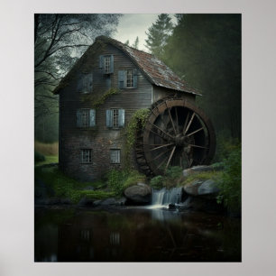 Gamla vatten-hjulverk med underbar historisk skönh poster