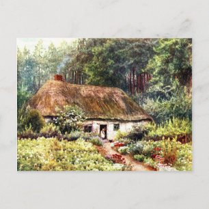 Gamla Vintagen Victorian Cottage Skogen Watercolor Vykort