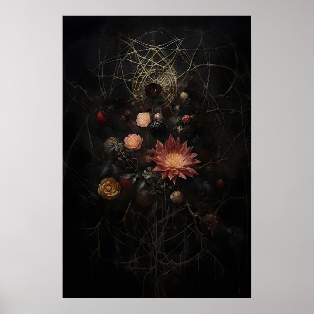 Gamla vissnade blommor i spindelnätsmönster, dyste poster (Framsidan)