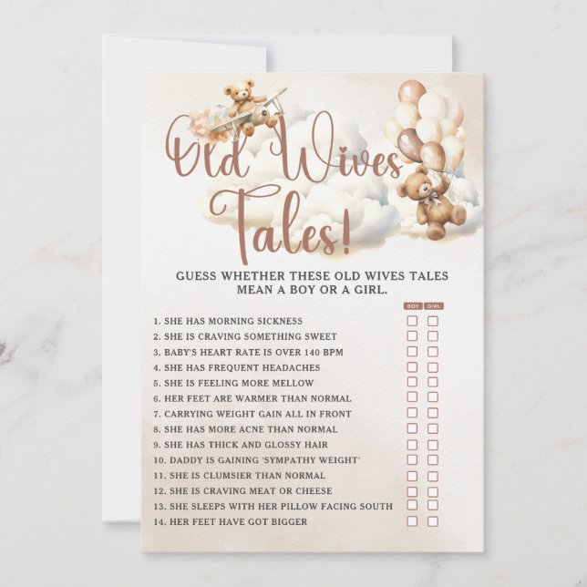 GAMLA WIVES TALES Baby Shower Game Cute Bear in Inbjudningar (Framsida)