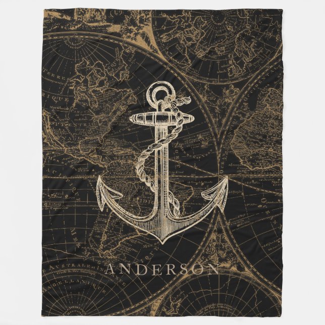 Gamla World Nautical Anchor Monogram Black Fleecefilt (Framsidan)