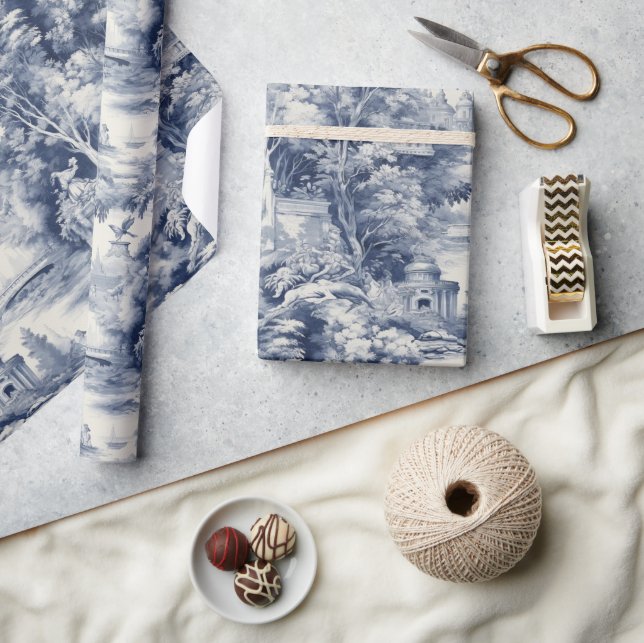 Gamle Castle Modern Blue Toile de Jouy mönster Presentpapper (Hantverk)