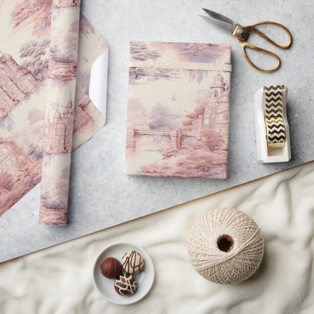 Gamle Castle Modern Red Toile de Jouy mönster Presentpapper (Hantverk)