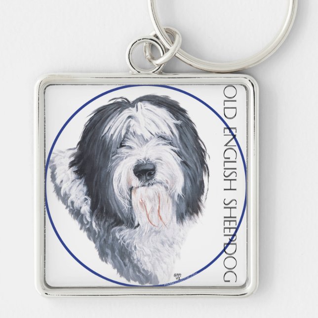 Gamle English Sheepdog Rondelle Fyrkantig Silverfärgad Nyckelring (Framsidan)