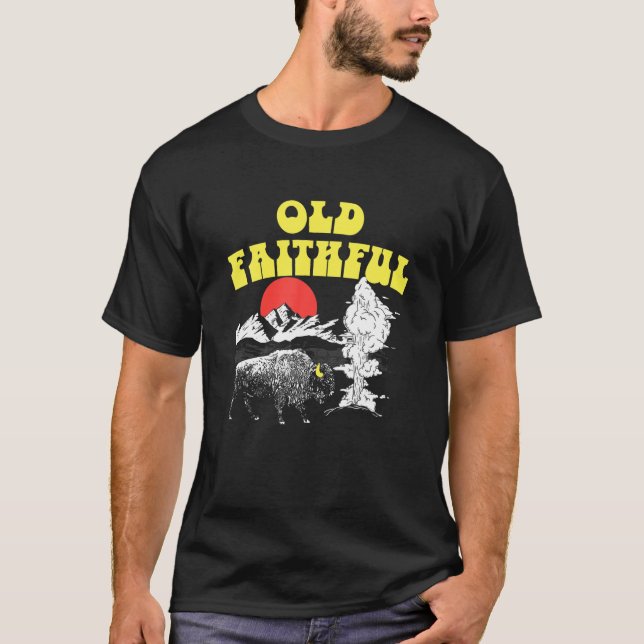 Gamle Faithful Yellowstone Park Retro Geyser Bison T Shirt (Framsida)