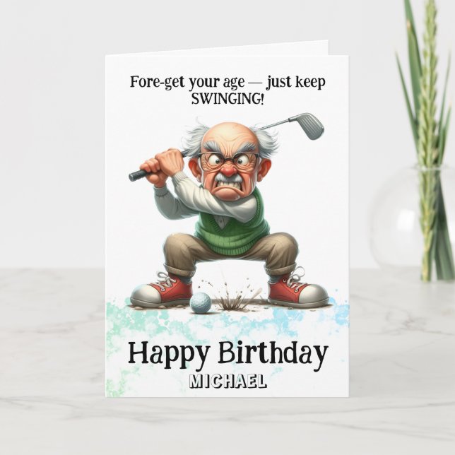 *~* Gamle Man Golf Swinging AP94 Funny Birthday Ca Tack Kort (Framsida)