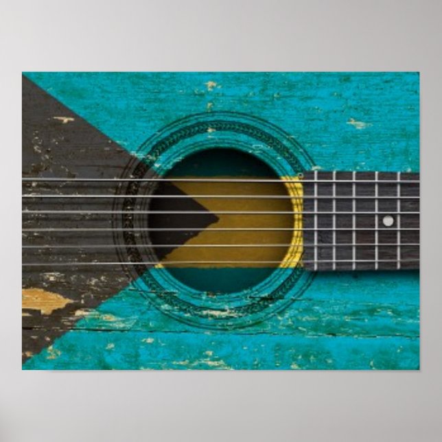 Gammal akustisk gitarr med Bahamas Flagga Poster (Framsidan)