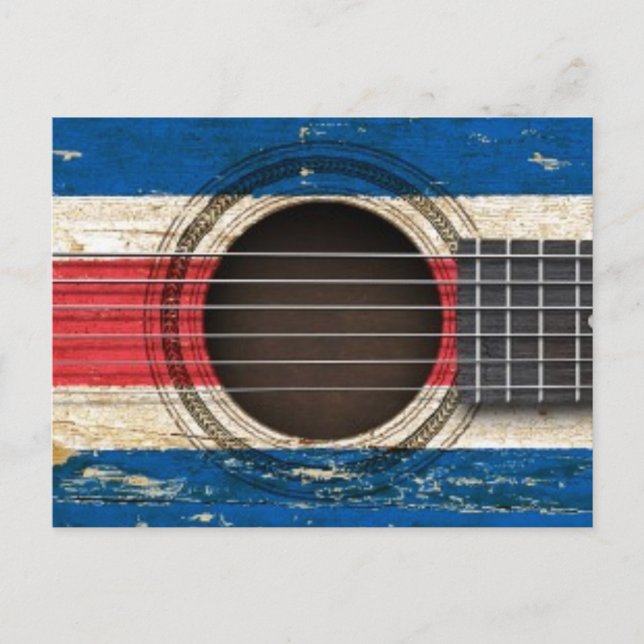 Gammal Akustisk Gitarr med Costa Rica Flagga Vykort (Framsida)