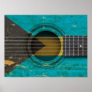 Gammal akustisk gitarr med den Bahamas flagga Poster