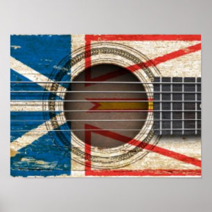 Gammal akustisk gitarr med Newfoundland Flagga Poster
