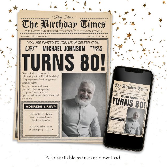 Gammal Anpassningsbar för Roligt av nyhetsblad, fo Inbjudningar (80th Birthday Party Old Newspaper Fun Custom Photo Invitation)