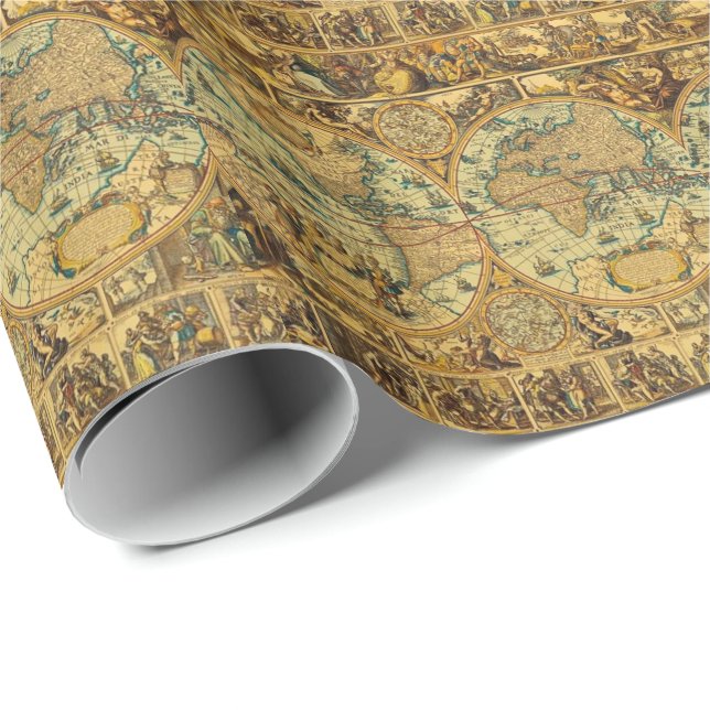 Gammal antik illustrerad vintagevärldskarta presentpapper (Rullad Hörn)