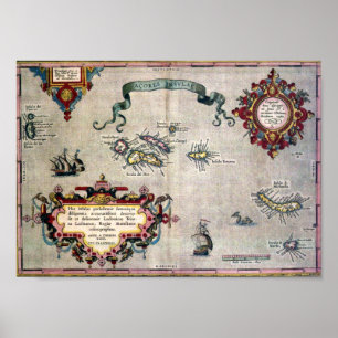 Gammal antik karta av Azoresna från 1584 - kopia Poster