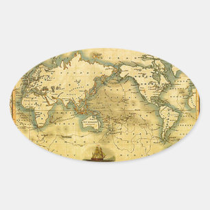 Gammal antik World Map Ovalt Klistermärke